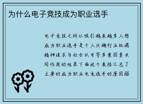 为什么电子竞技成为职业选手